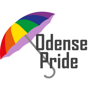 Odense Prides logo: En regnbuefarvet paraply og teksten "Odense Pride"